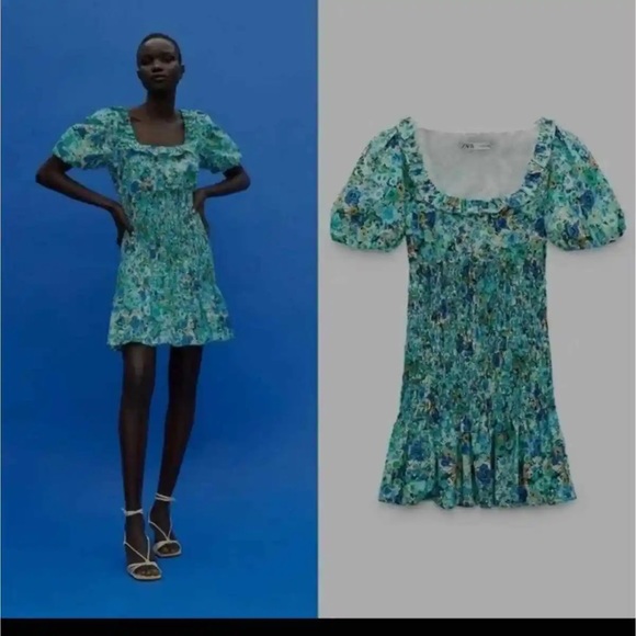 Zara Floral Print Puff Sleeve Smocked Mini - Picture 2 of 8